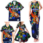 Bulldogs Autism Awareness Family Matching Tank Maxi Dress and Hawaiian Shirt Puzzle Flames Rugby Ball