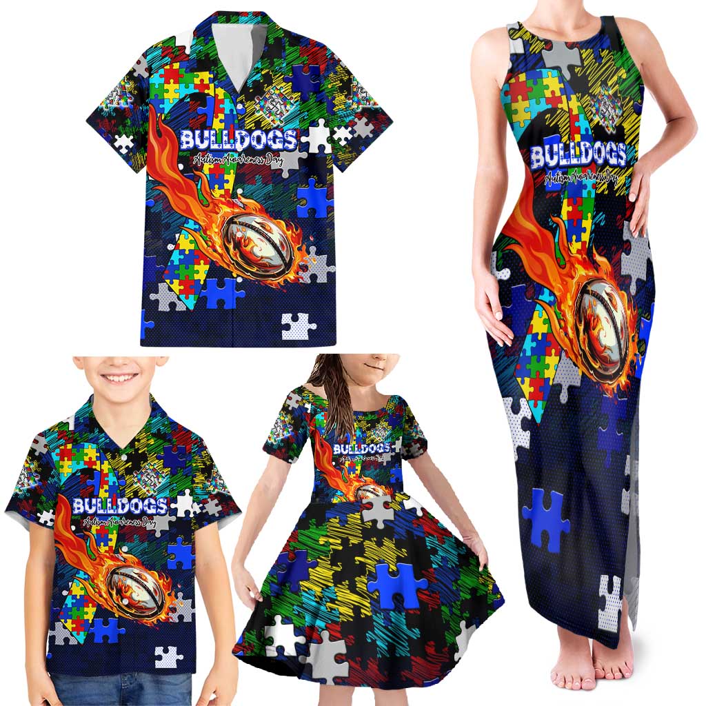 Bulldogs Autism Awareness Family Matching Tank Maxi Dress and Hawaiian Shirt Puzzle Flames Rugby Ball