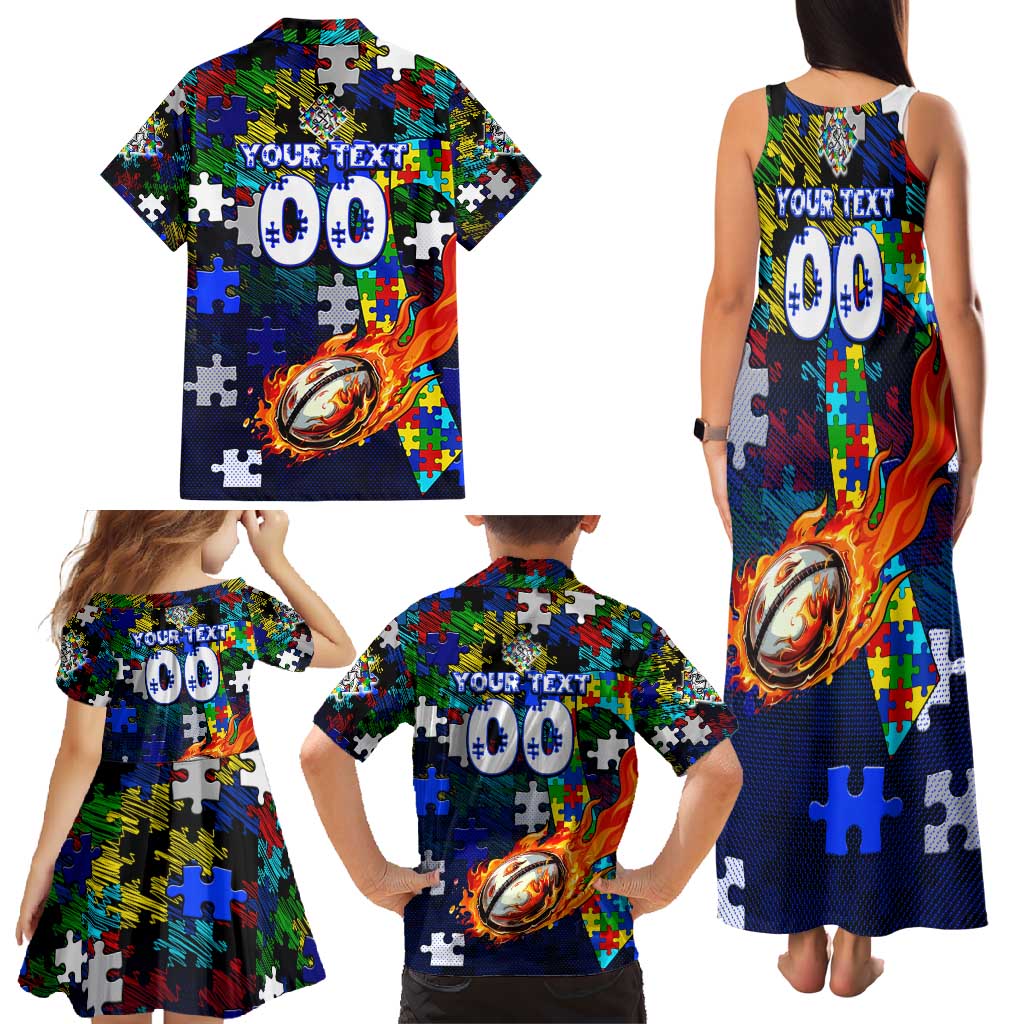 Bulldogs Autism Awareness Family Matching Tank Maxi Dress and Hawaiian Shirt Puzzle Flames Rugby Ball