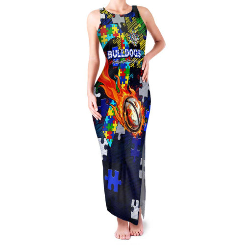 Bulldogs Autism Awareness Family Matching Tank Maxi Dress and Hawaiian Shirt Puzzle Flames Rugby Ball