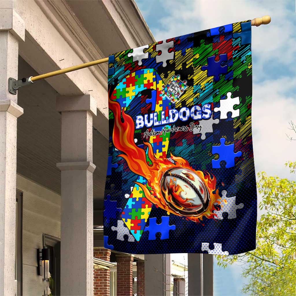 Bulldogs Autism Awareness Garden Flag Puzzle Flames Rugby Ball