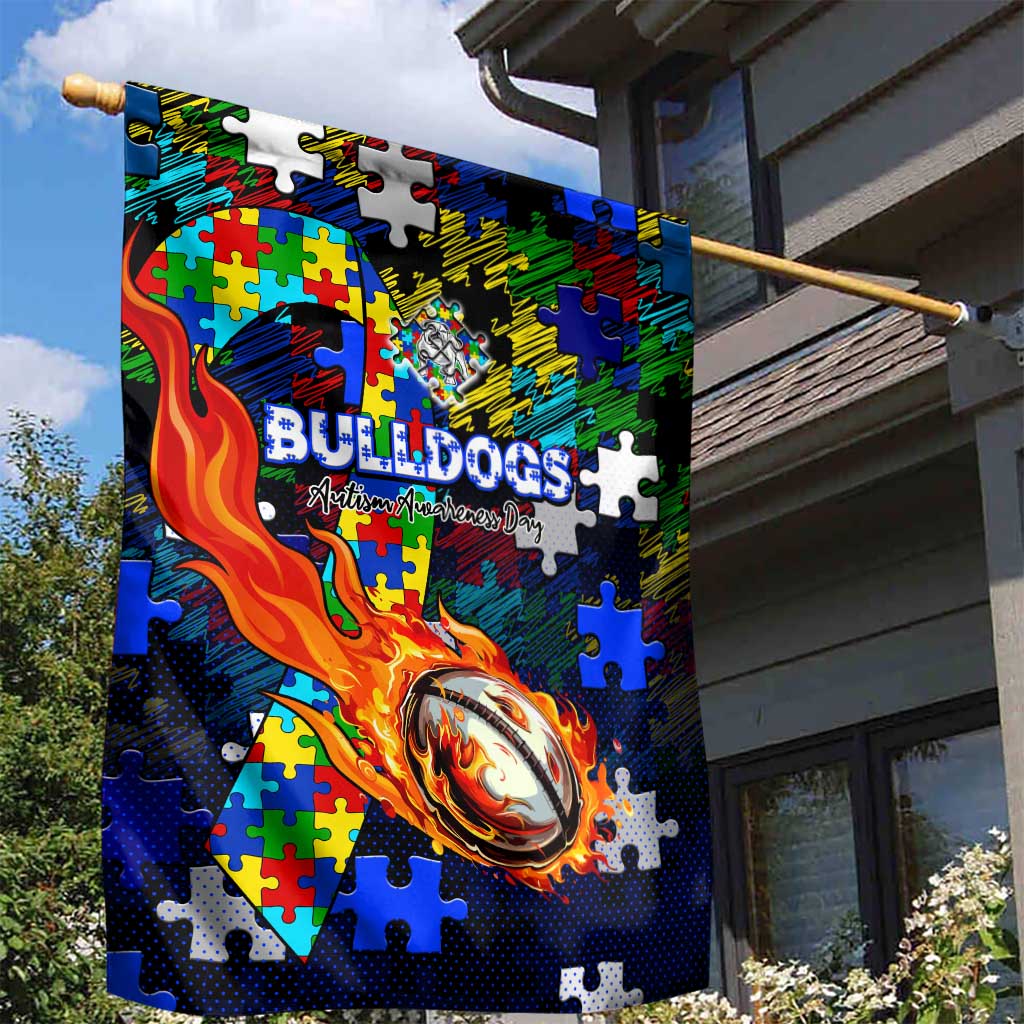 Bulldogs Autism Awareness Garden Flag Puzzle Flames Rugby Ball