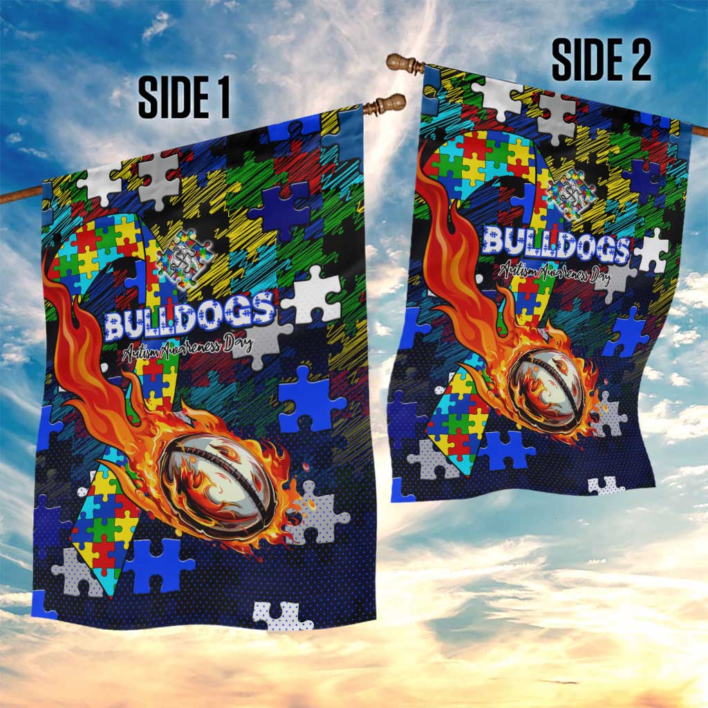 Bulldogs Autism Awareness Garden Flag Puzzle Flames Rugby Ball