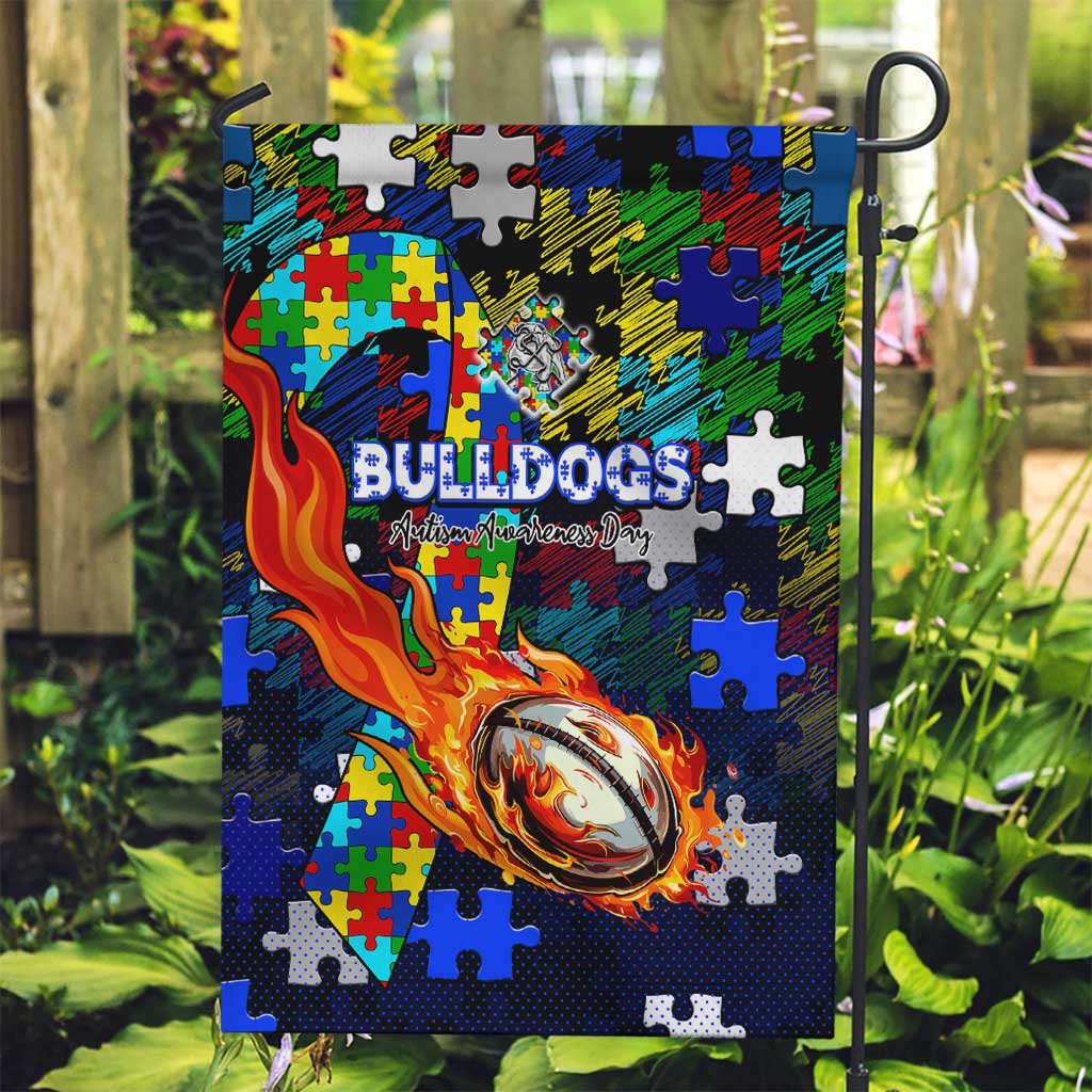 Bulldogs Autism Awareness Garden Flag Puzzle Flames Rugby Ball
