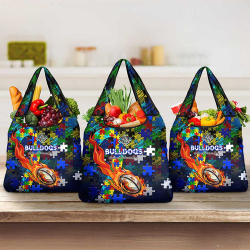 Bulldogs Autism Awareness Grocery Bag Puzzle Flames Rugby Ball
