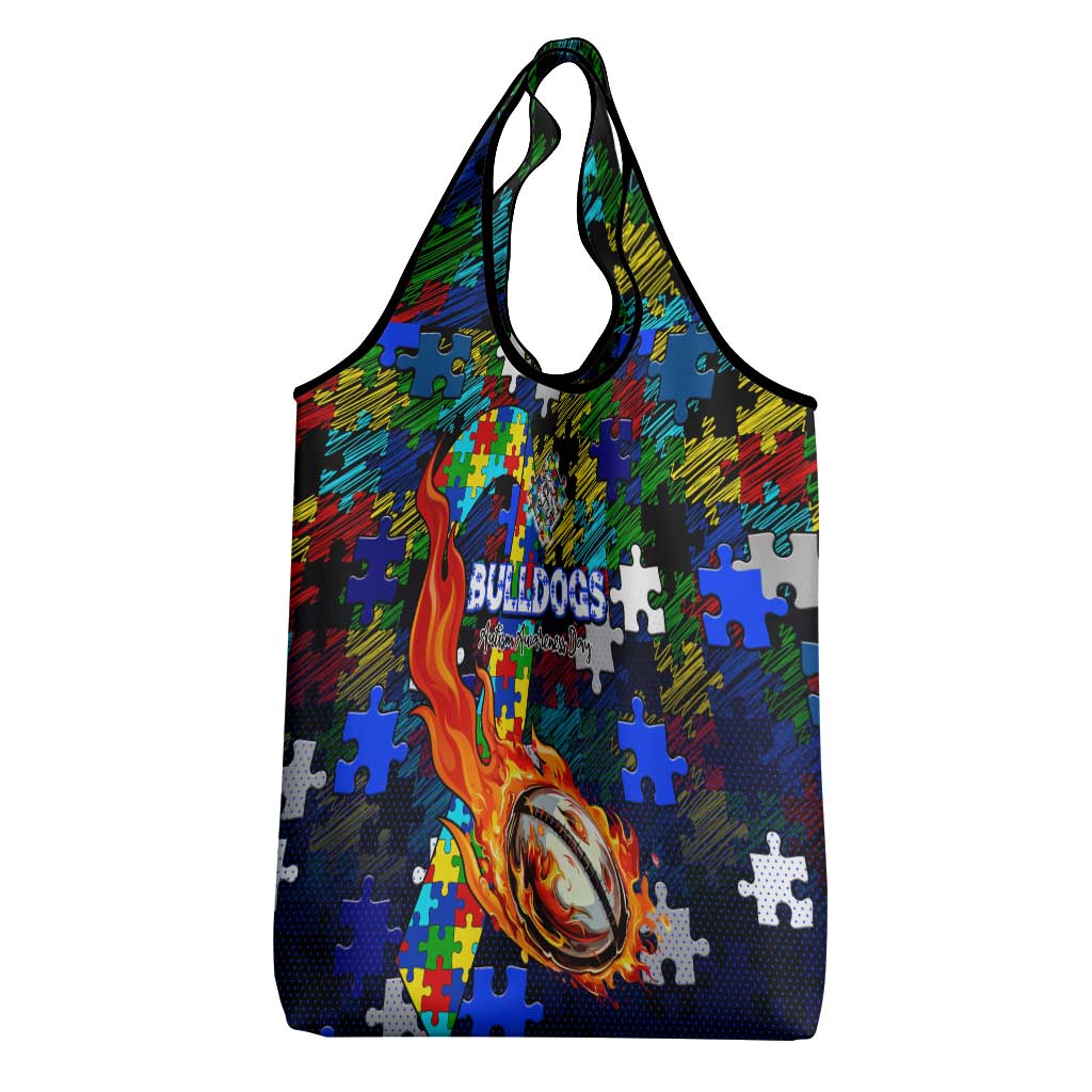 Bulldogs Autism Awareness Grocery Bag Puzzle Flames Rugby Ball