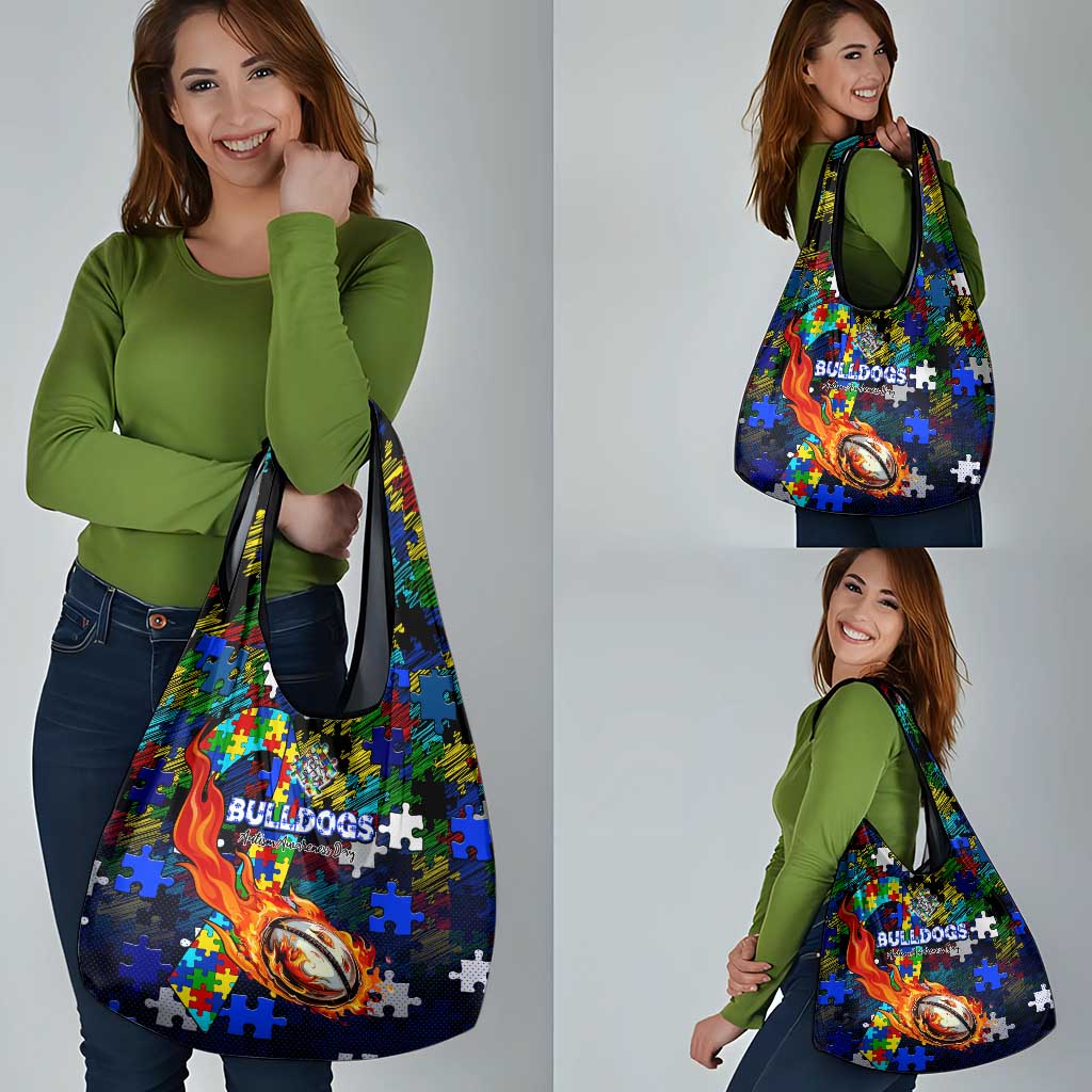Bulldogs Autism Awareness Grocery Bag Puzzle Flames Rugby Ball