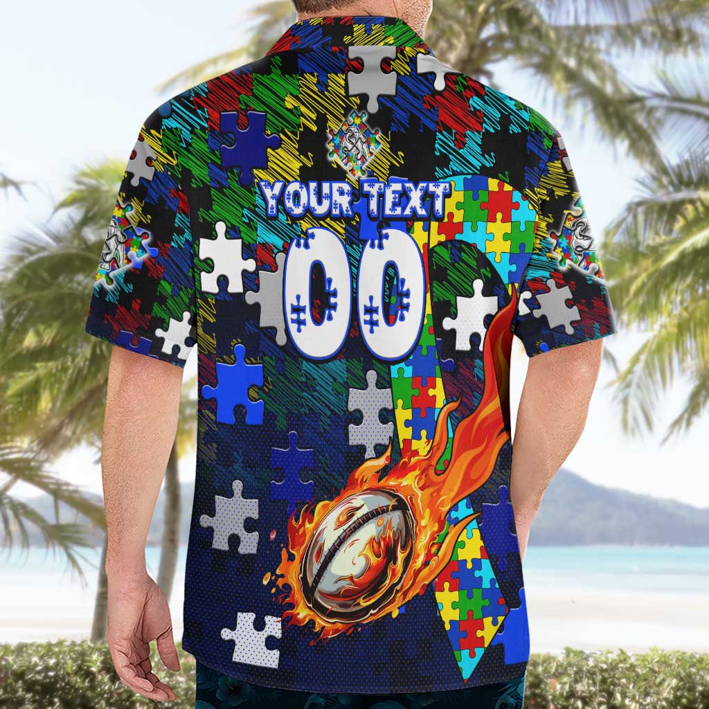 Bulldogs Autism Awareness Hawaiian Shirt Puzzle Flames Rugby Ball