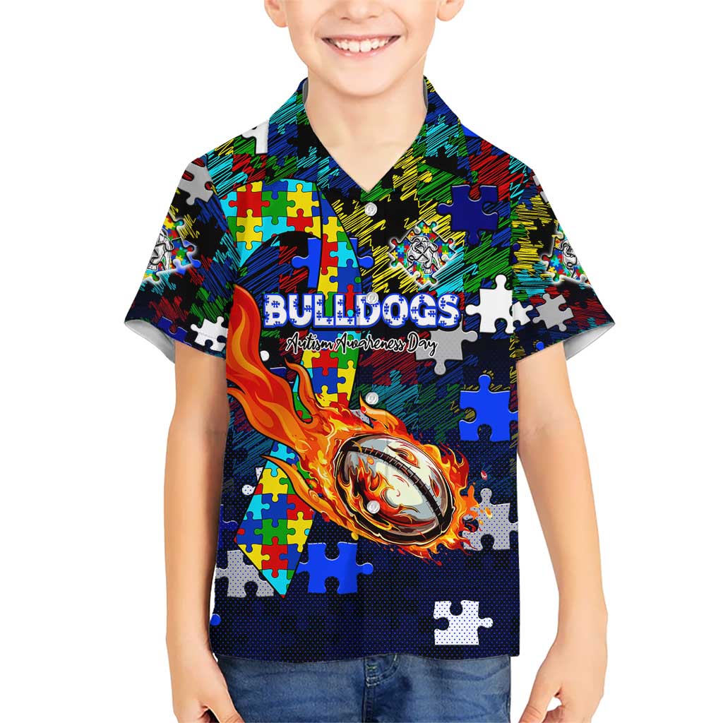 Bulldogs Autism Awareness Hawaiian Shirt Puzzle Flames Rugby Ball