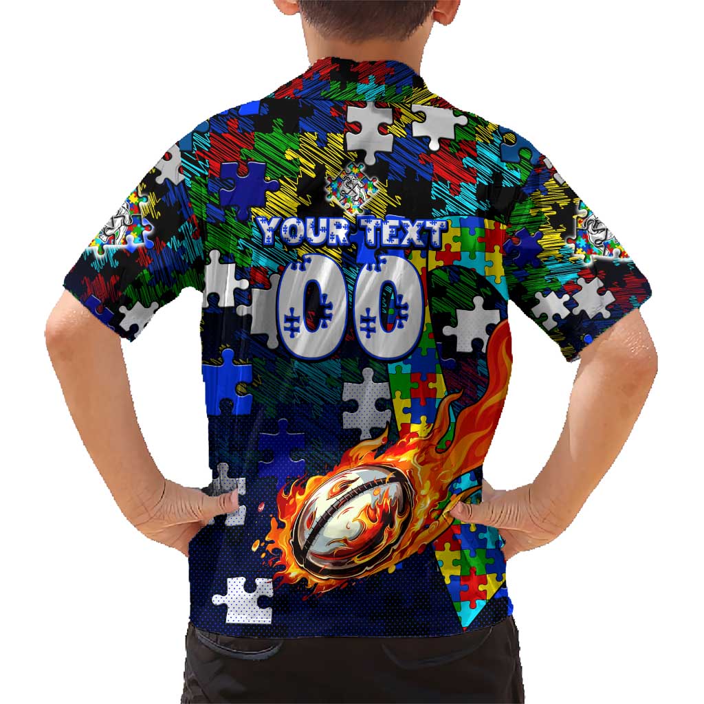 Bulldogs Autism Awareness Hawaiian Shirt Puzzle Flames Rugby Ball