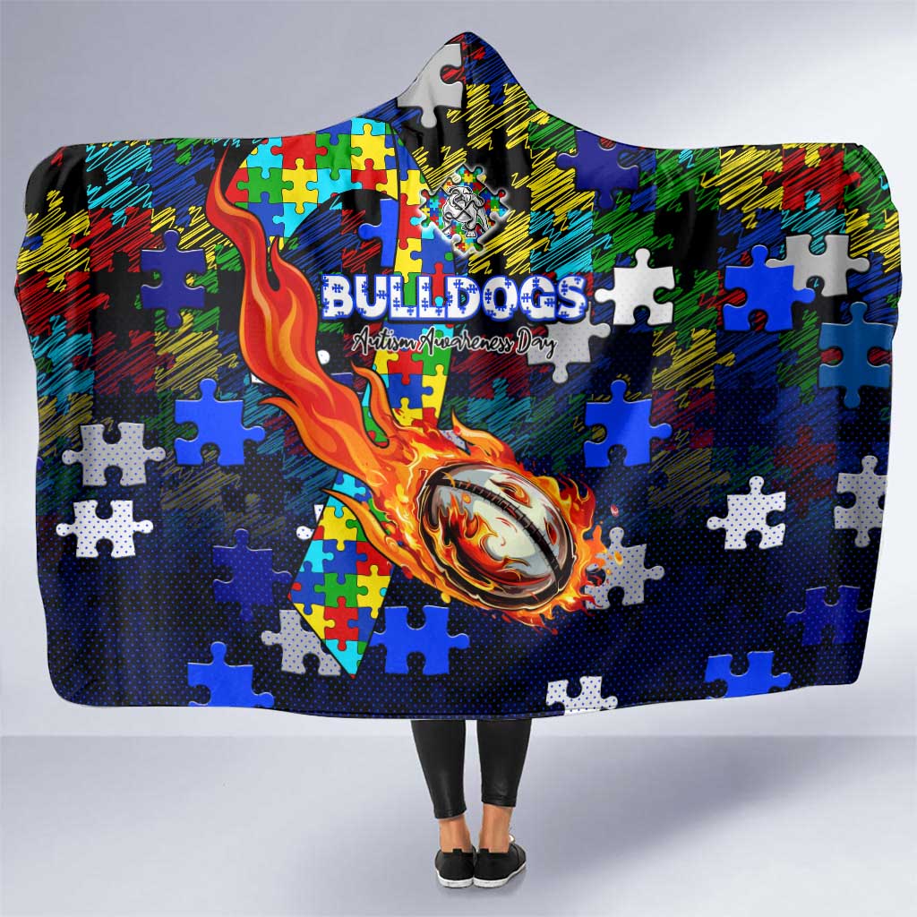 Bulldogs Autism Awareness Hooded Blanket Puzzle Flames Rugby Ball