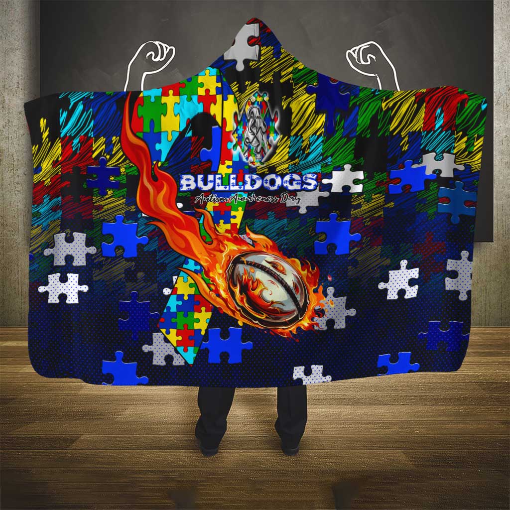 Bulldogs Autism Awareness Hooded Blanket Puzzle Flames Rugby Ball