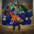 Bulldogs Autism Awareness Hooded Blanket Puzzle Flames Rugby Ball