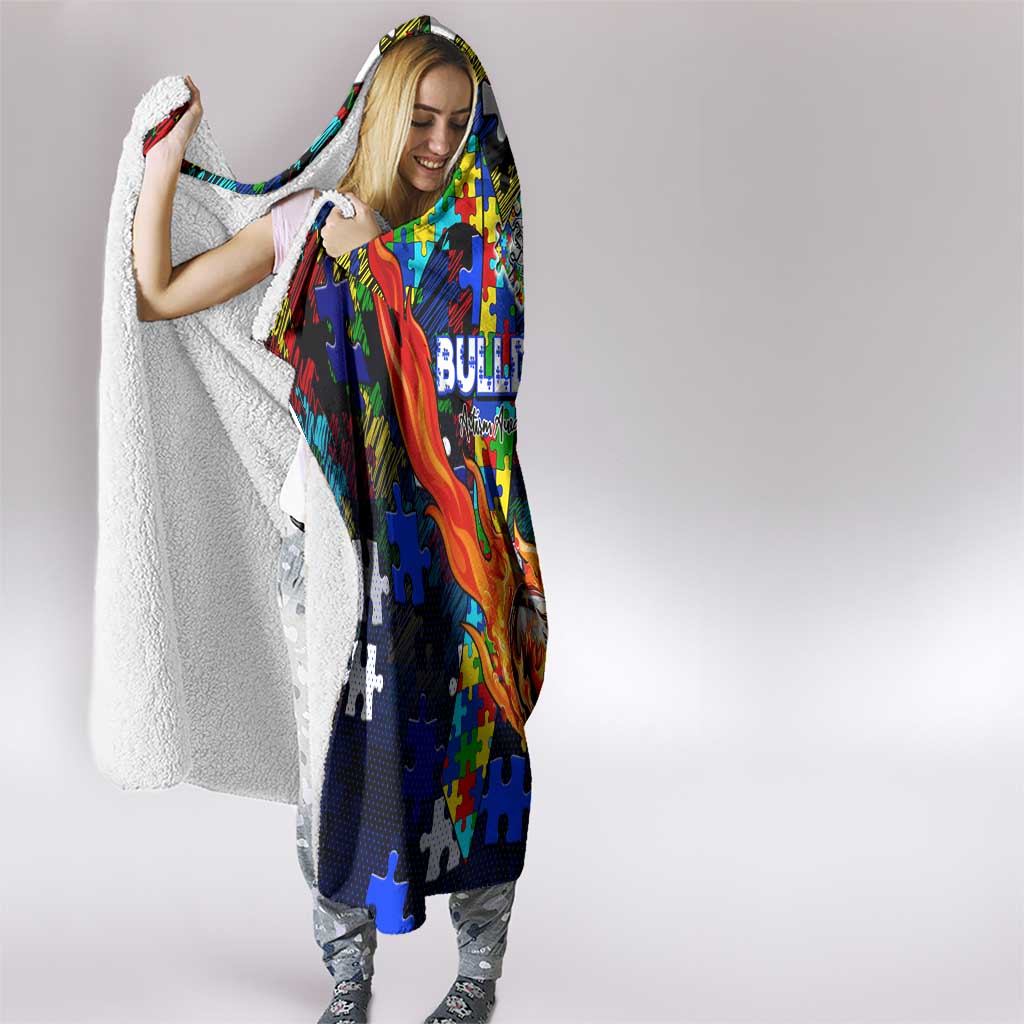 Bulldogs Autism Awareness Hooded Blanket Puzzle Flames Rugby Ball