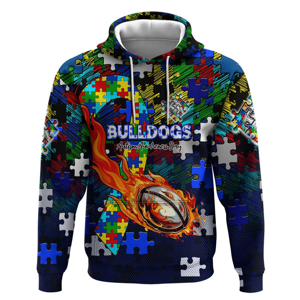 Bulldogs Autism Awareness Hoodie Puzzle Flames Rugby Ball