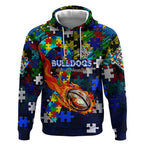 Bulldogs Autism Awareness Hoodie Puzzle Flames Rugby Ball