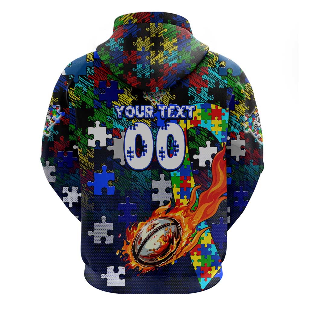 Bulldogs Autism Awareness Hoodie Puzzle Flames Rugby Ball