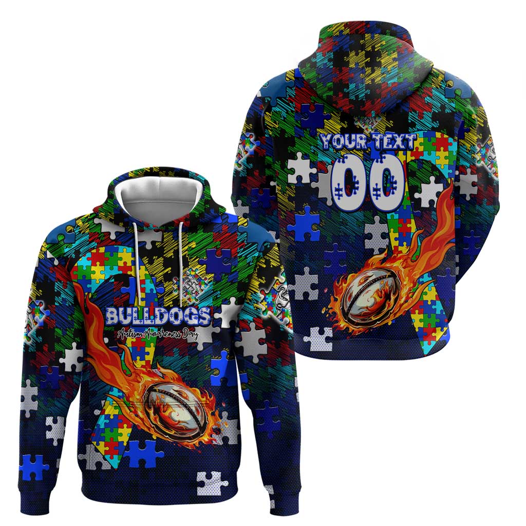 Bulldogs Autism Awareness Hoodie Puzzle Flames Rugby Ball