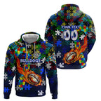 Bulldogs Autism Awareness Hoodie Puzzle Flames Rugby Ball