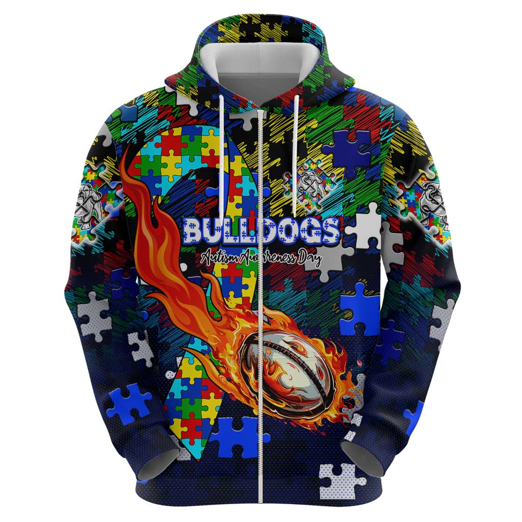 Bulldogs Autism Awareness Hoodie Puzzle Flames Rugby Ball