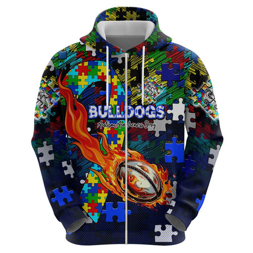 Bulldogs Autism Awareness Hoodie Puzzle Flames Rugby Ball