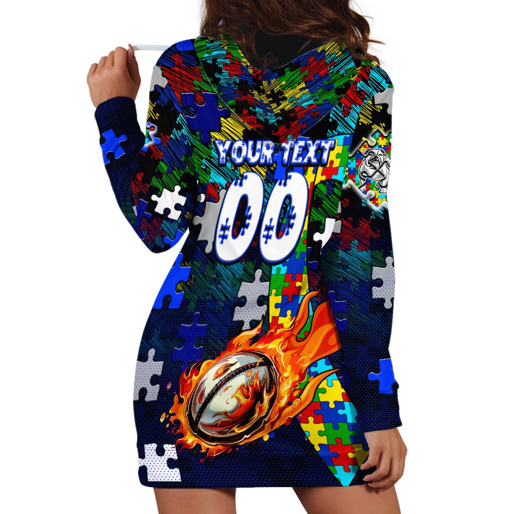 Bulldogs Autism Awareness Hoodie Dress Puzzle Flames Rugby Ball