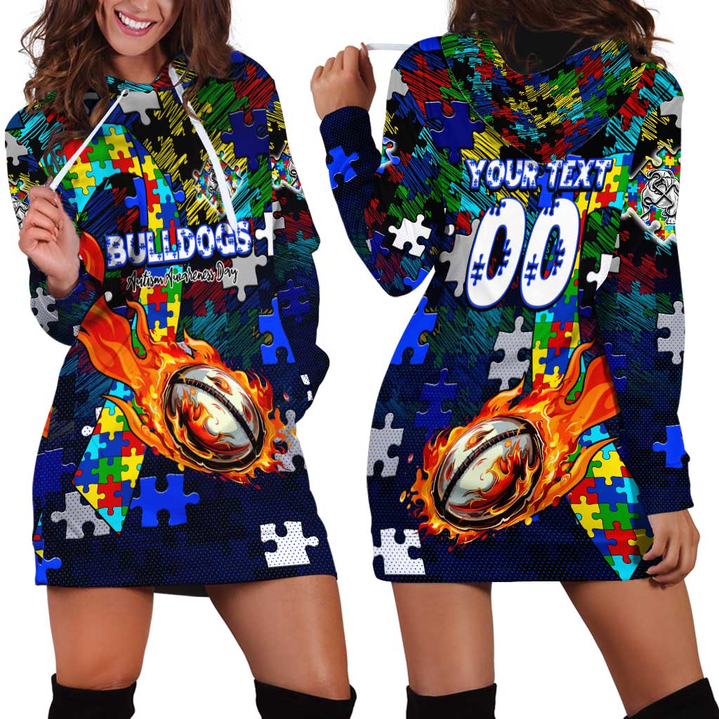 Bulldogs Autism Awareness Hoodie Dress Puzzle Flames Rugby Ball