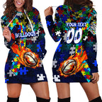 Bulldogs Autism Awareness Hoodie Dress Puzzle Flames Rugby Ball
