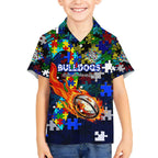 Bulldogs Autism Awareness Kid Hawaiian Shirt Puzzle Flames Rugby Ball