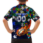Bulldogs Autism Awareness Kid Hawaiian Shirt Puzzle Flames Rugby Ball