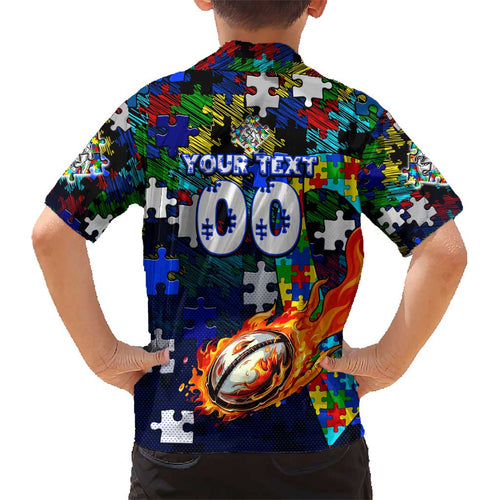 Bulldogs Autism Awareness Kid Hawaiian Shirt Puzzle Flames Rugby Ball