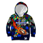 Bulldogs Autism Awareness Kid Hoodie Puzzle Flames Rugby Ball