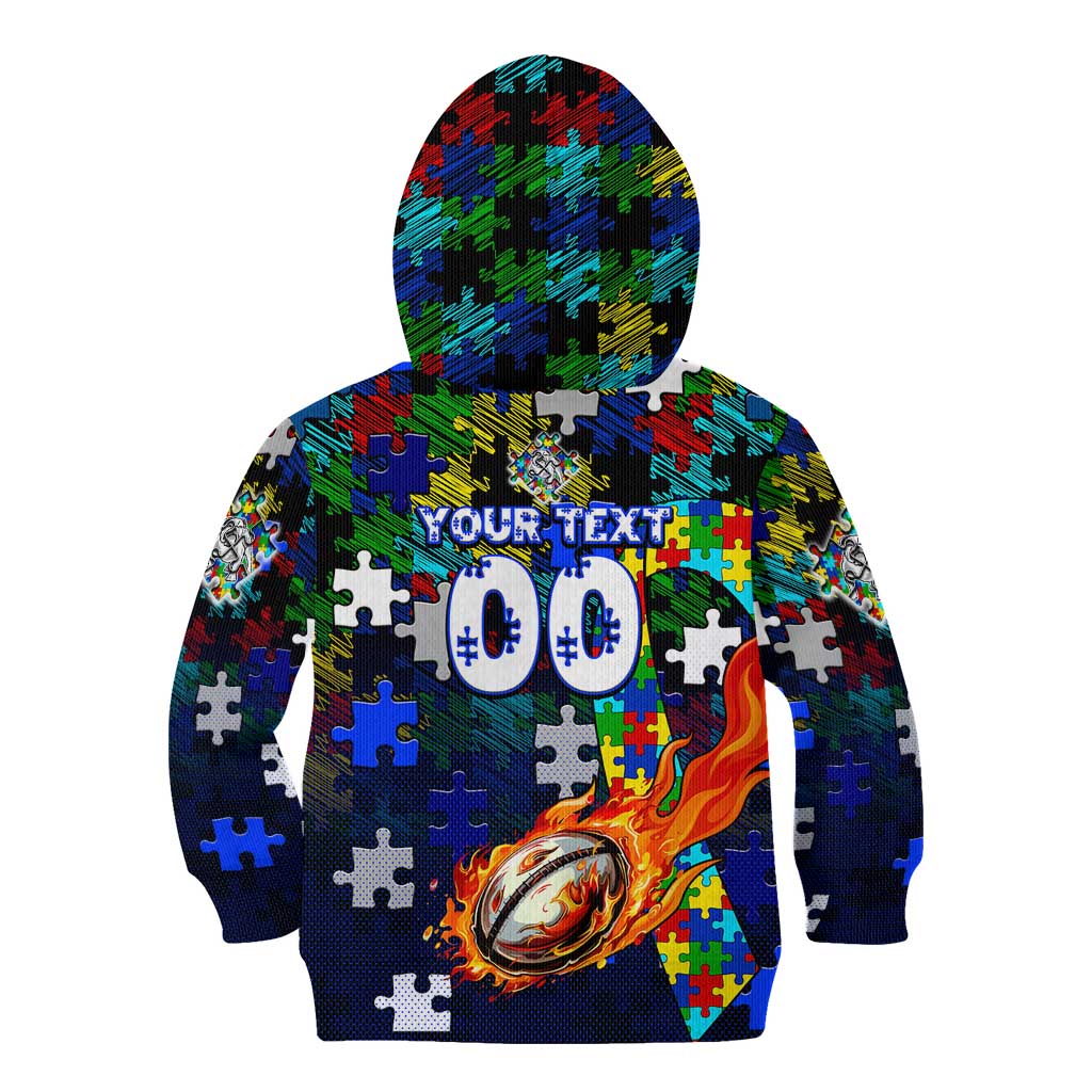 Bulldogs Autism Awareness Kid Hoodie Puzzle Flames Rugby Ball