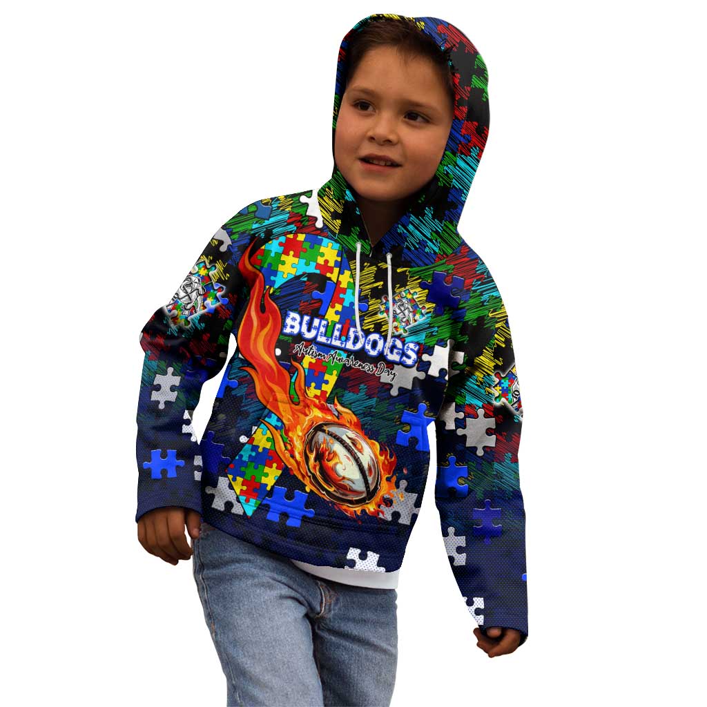 Bulldogs Autism Awareness Kid Hoodie Puzzle Flames Rugby Ball