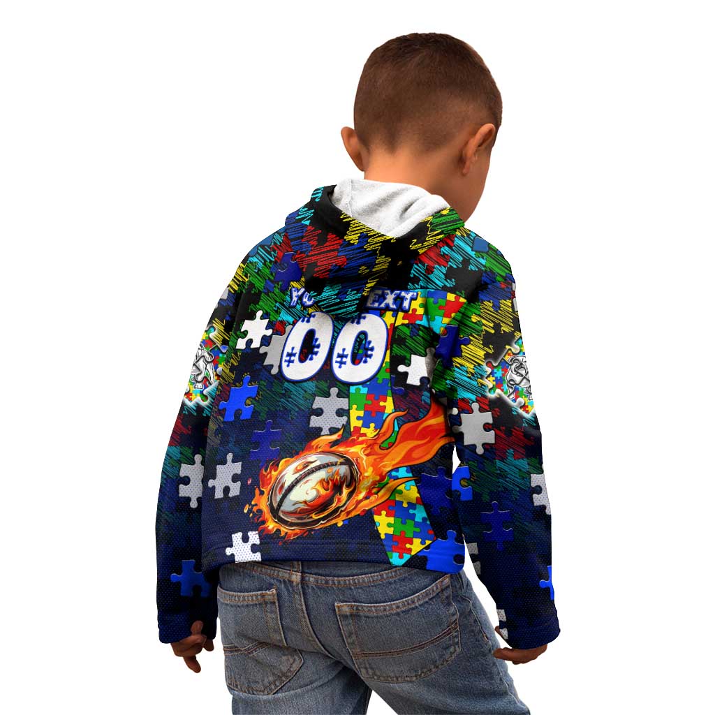 Bulldogs Autism Awareness Kid Hoodie Puzzle Flames Rugby Ball