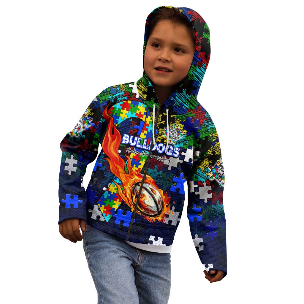 Bulldogs Autism Awareness Kid Hoodie Puzzle Flames Rugby Ball