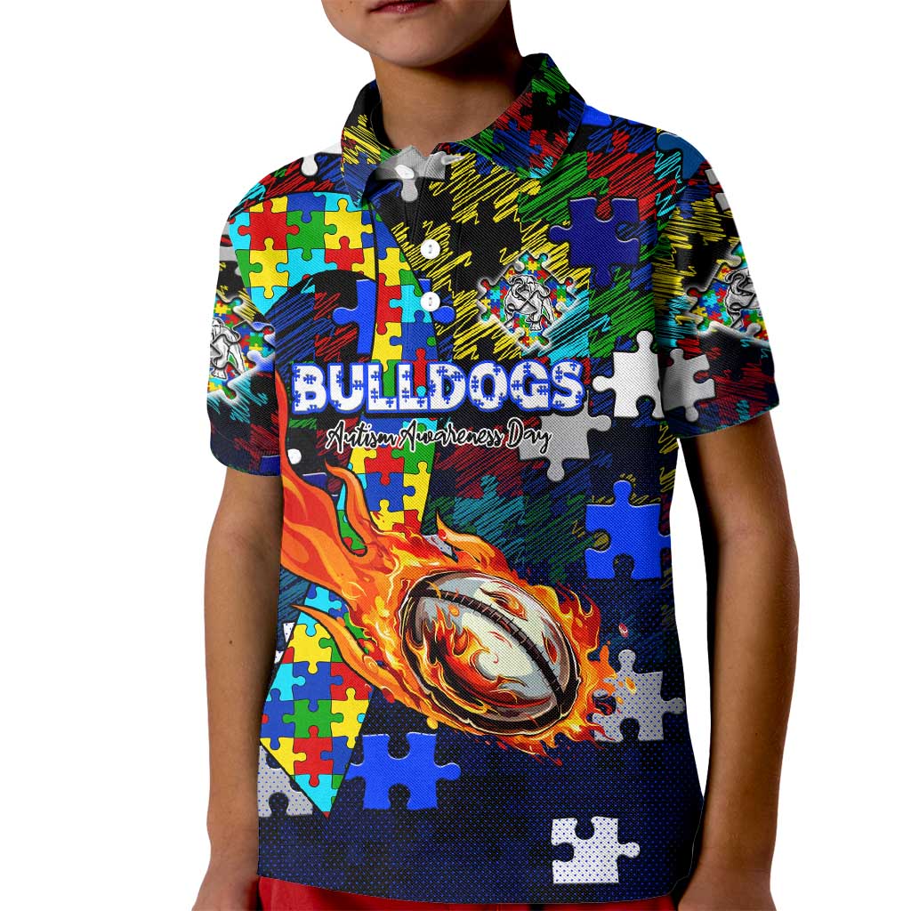 Bulldogs Autism Awareness Kid Polo Shirt Puzzle Flames Rugby Ball