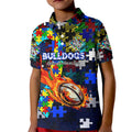 Bulldogs Autism Awareness Kid Polo Shirt Puzzle Flames Rugby Ball