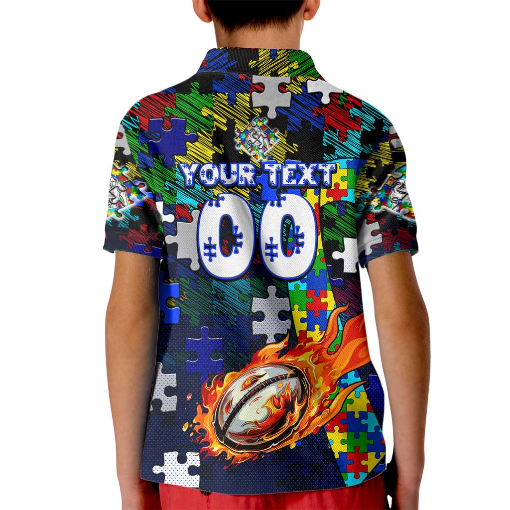 Bulldogs Autism Awareness Kid Polo Shirt Puzzle Flames Rugby Ball