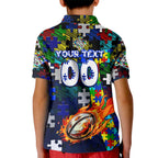 Bulldogs Autism Awareness Kid Polo Shirt Puzzle Flames Rugby Ball