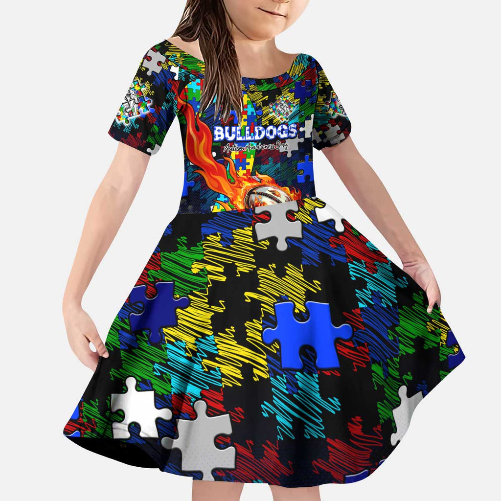 Bulldogs Autism Awareness Kid Short Sleeve Dress Puzzle Flames Rugby Ball