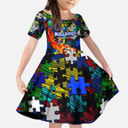 Bulldogs Autism Awareness Kid Short Sleeve Dress Puzzle Flames Rugby Ball