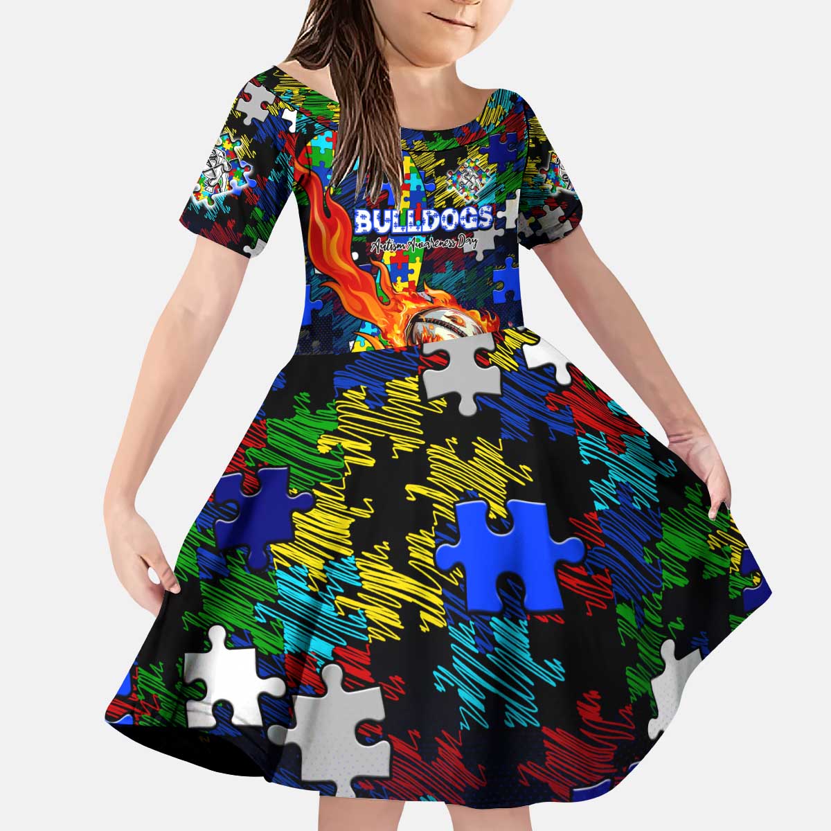 Bulldogs Autism Awareness Kid Short Sleeve Dress Puzzle Flames Rugby Ball