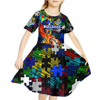 Bulldogs Autism Awareness Kid Short Sleeve Dress Puzzle Flames Rugby Ball