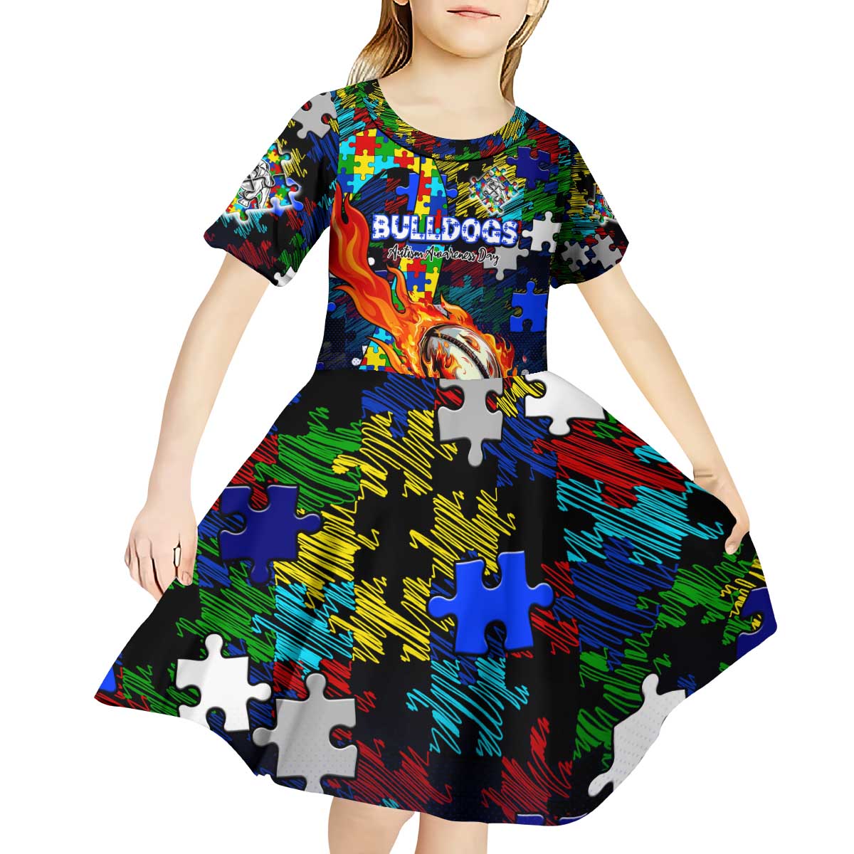Bulldogs Autism Awareness Kid Short Sleeve Dress Puzzle Flames Rugby Ball