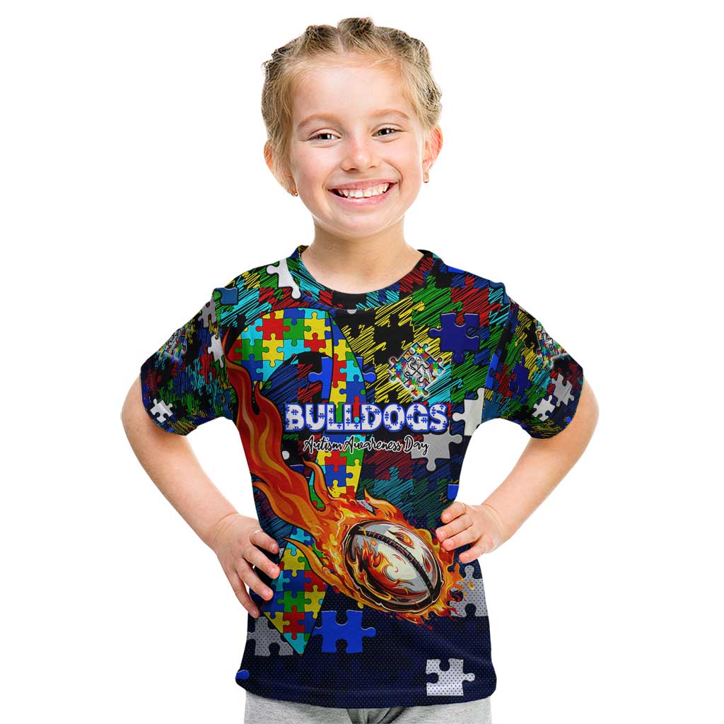 Bulldogs Autism Awareness Kid T Shirt Puzzle Flames Rugby Ball