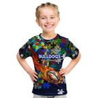 Bulldogs Autism Awareness Kid T Shirt Puzzle Flames Rugby Ball