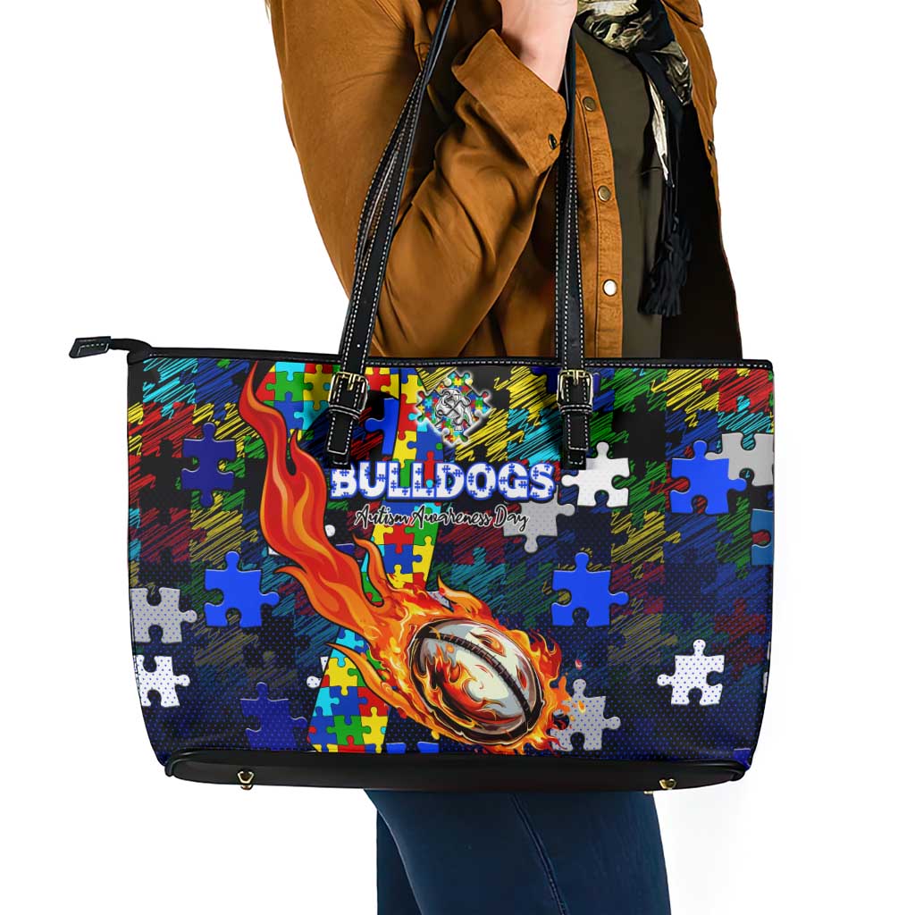 Bulldogs Autism Awareness Leather Tote Bag Puzzle Flames Rugby Ball