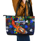 Bulldogs Autism Awareness Leather Tote Bag Puzzle Flames Rugby Ball