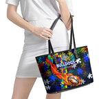 Bulldogs Autism Awareness Leather Tote Bag Puzzle Flames Rugby Ball